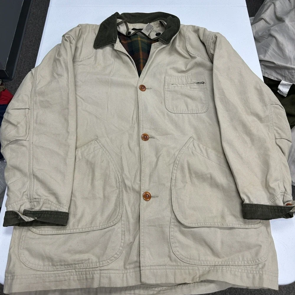 L.L. Bean Field Coat Mens L Khaki Tan Plaid Lined Corduroy Trim Barn Jacket